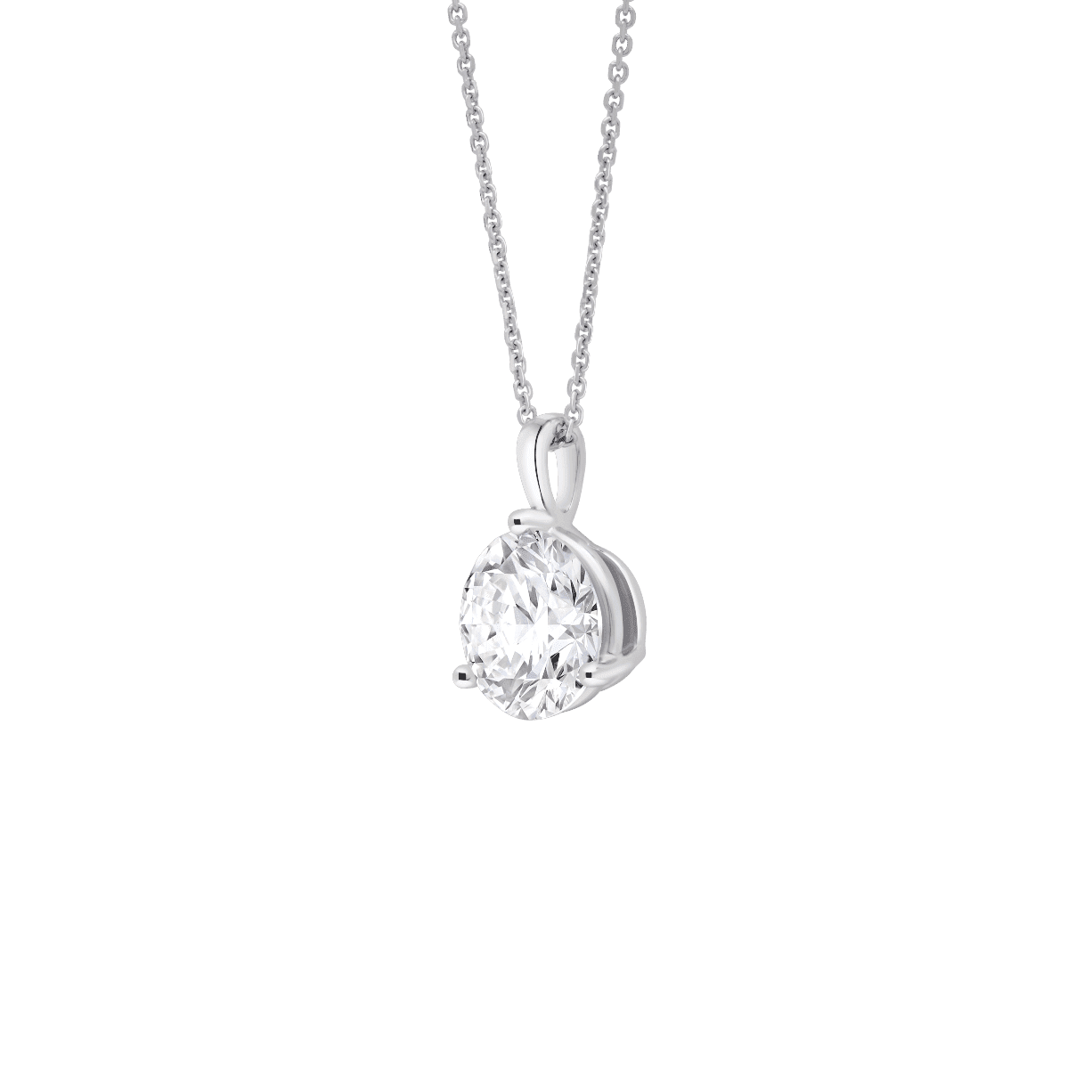 Side view of a 2 carat round brilliant solitaire bale pendant in white gold