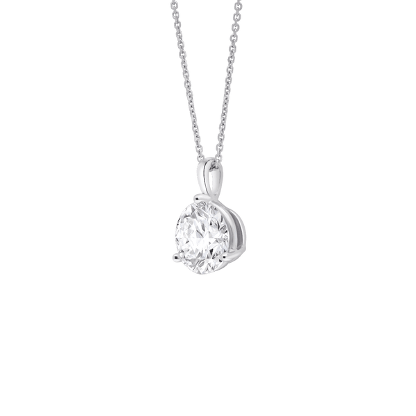 Side view of a 2 carat round brilliant solitaire bale pendant in white gold