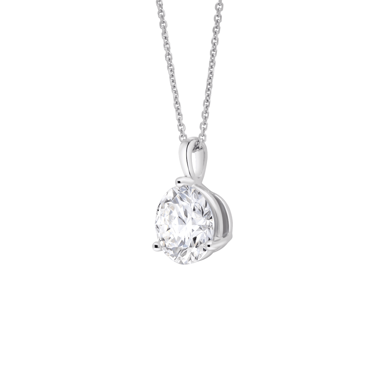 Side view of a 3 carat round brilliant solitaire bale pendant in white gold