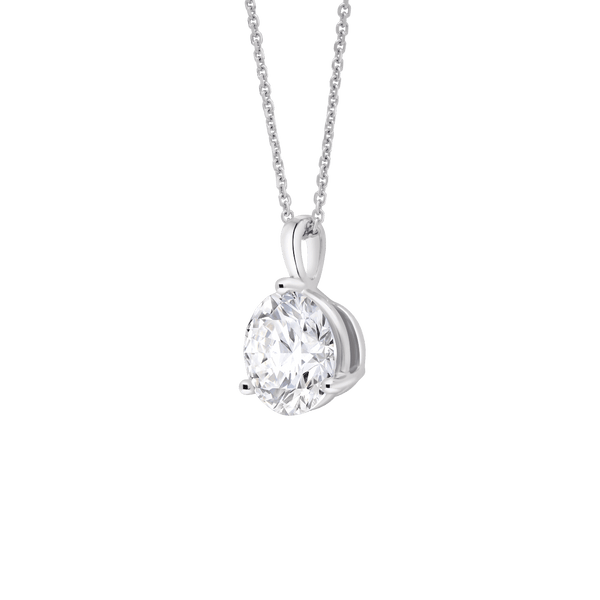 Side view of a 3 carat round brilliant solitaire bale pendant in white gold