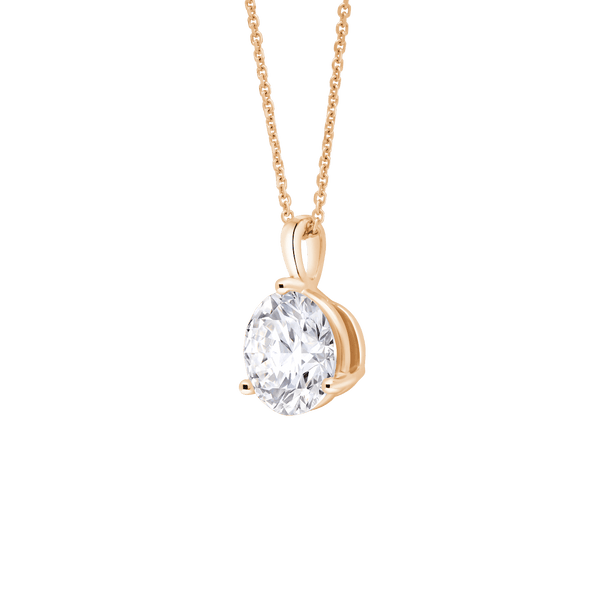 Side view of a 3 carat round brilliant solitaire bale pendant in yellow gold