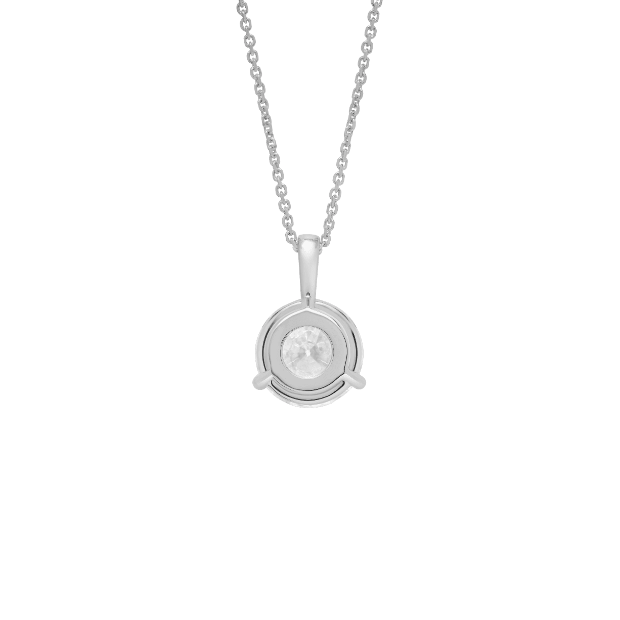 Back view of a 2 carat round brilliant solitaire bale pendant in white gold