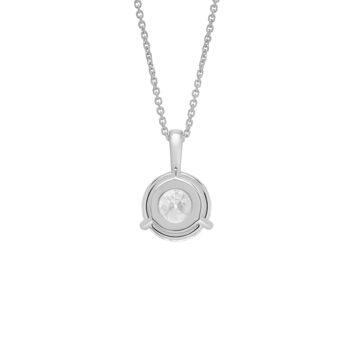 Back view of a 3 carat round brilliant solitaire bale pendant in white gold