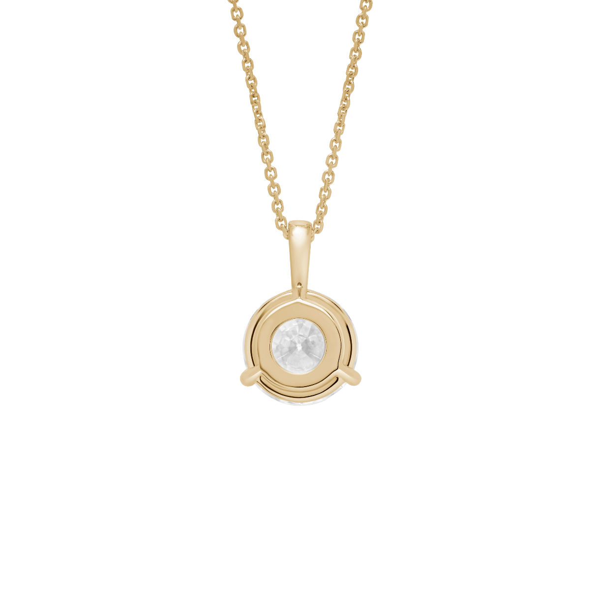 Back view of a 2.5 carat round brilliant solitaire bale pendant in yellow gold