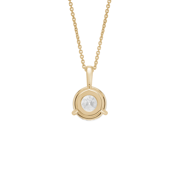 Back view of a 2.5 carat round brilliant solitaire bale pendant in yellow gold