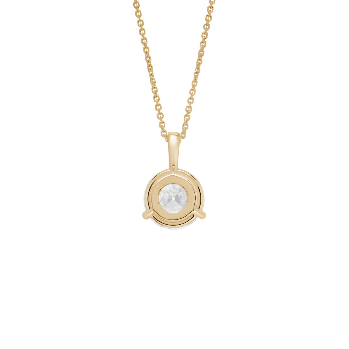 Back view of a 2 carat round brilliant solitaire bale pendant in yellow gold