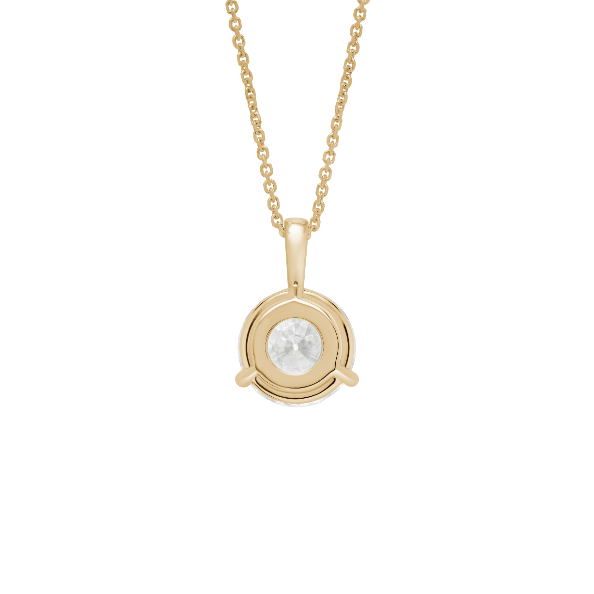 Back view of a 3 carat round brilliant solitaire bale pendant in yellow gold