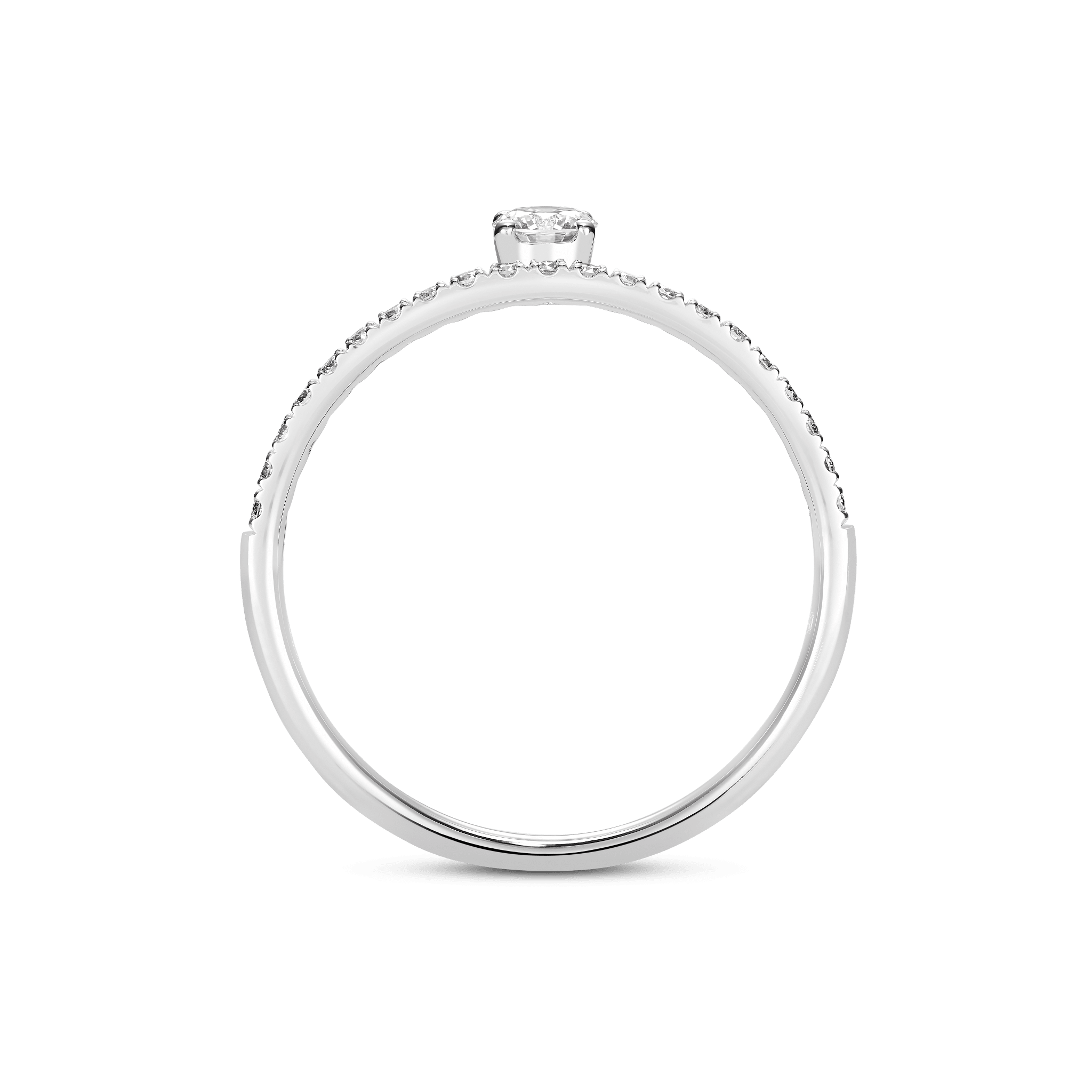 Profile view of a white gold, 0.25 carat total weight round brilliant lab-grown pavé  stacking ring