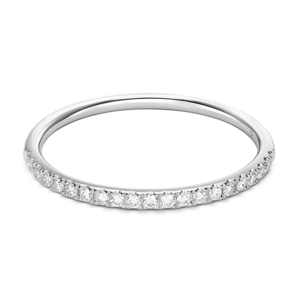 Front view of a white gold, lab-grown 0.125 carat total weight mini half pavé  stacking ring