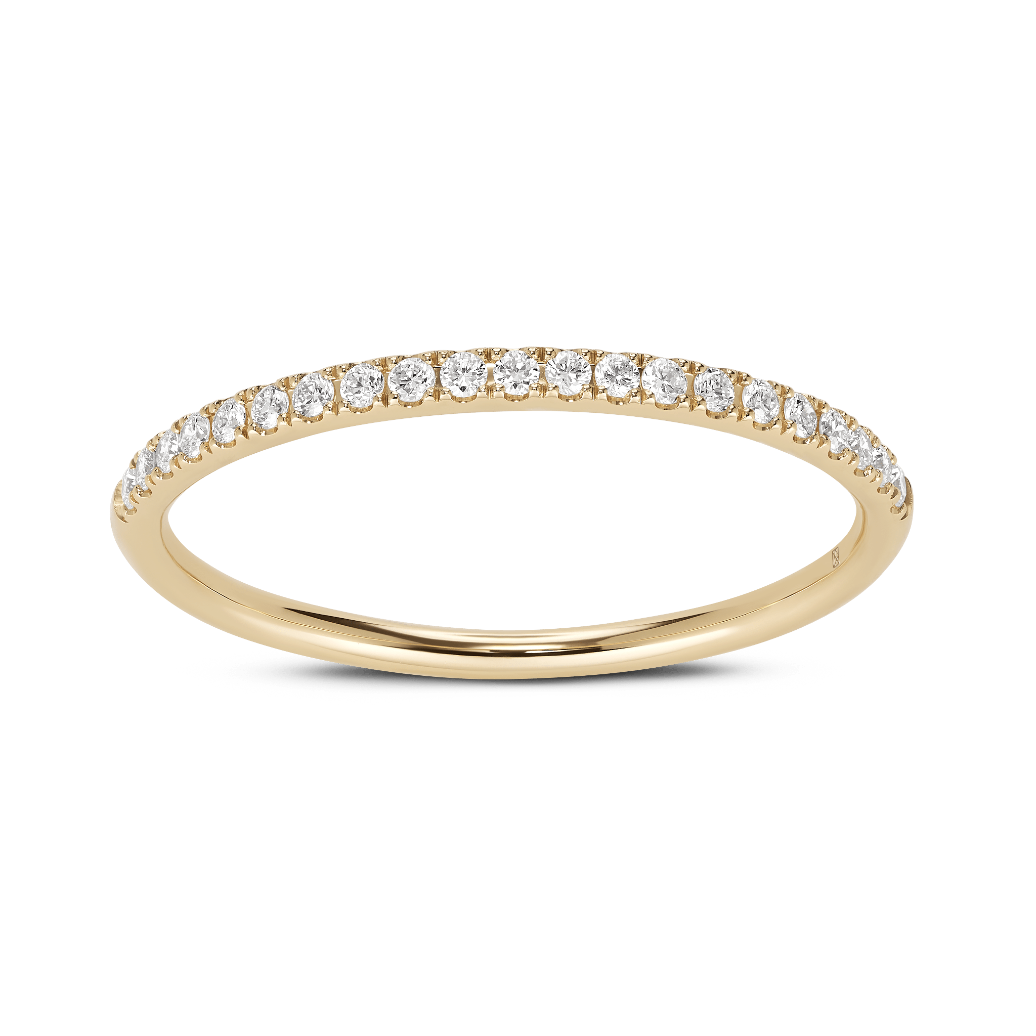 Front, angled view of a yellow gold, lab-grown 0.125 carat total weight mini half pavé  stacking ring