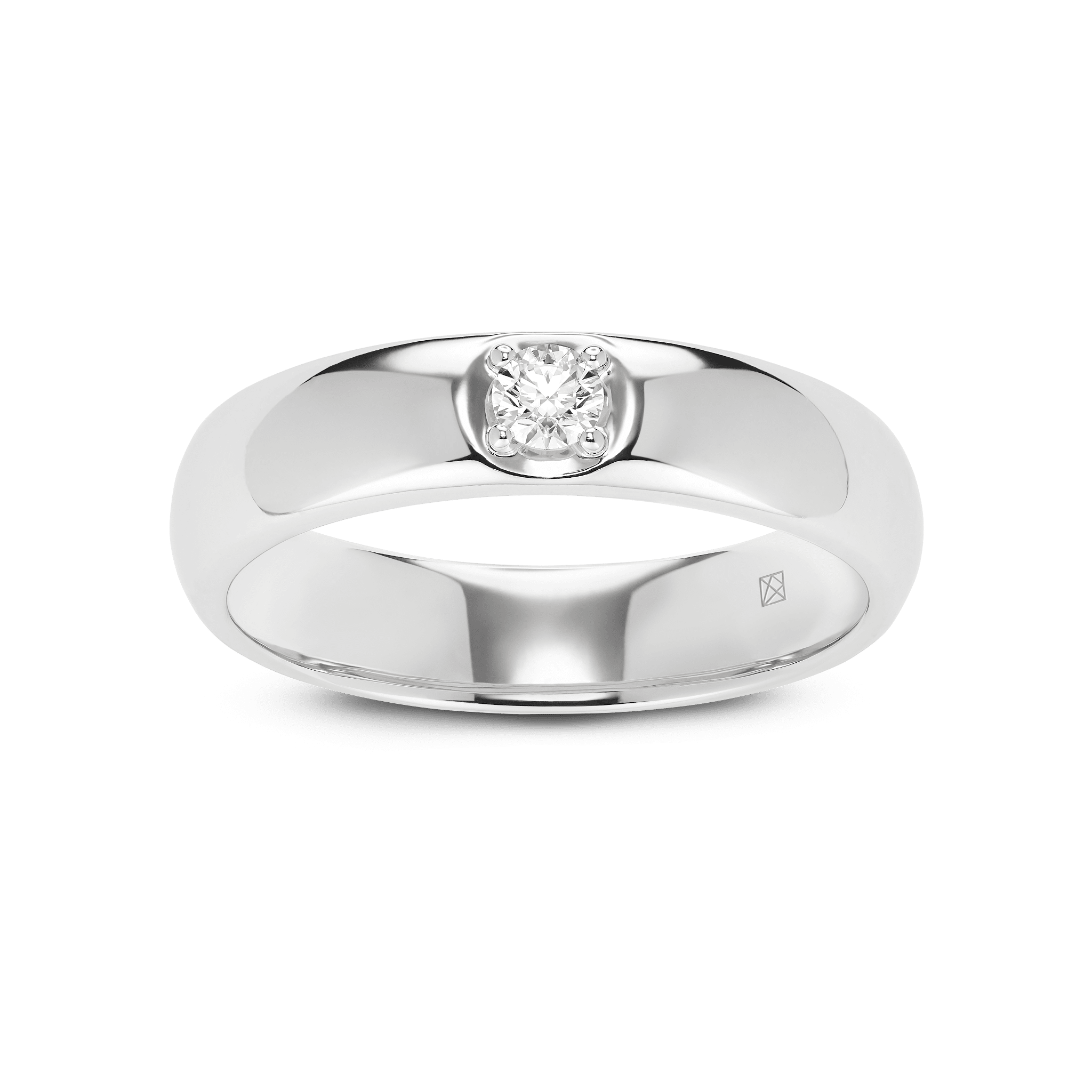 Front, angled view of a white gold 0.1 carat lab-grown round brilliant stacking ring