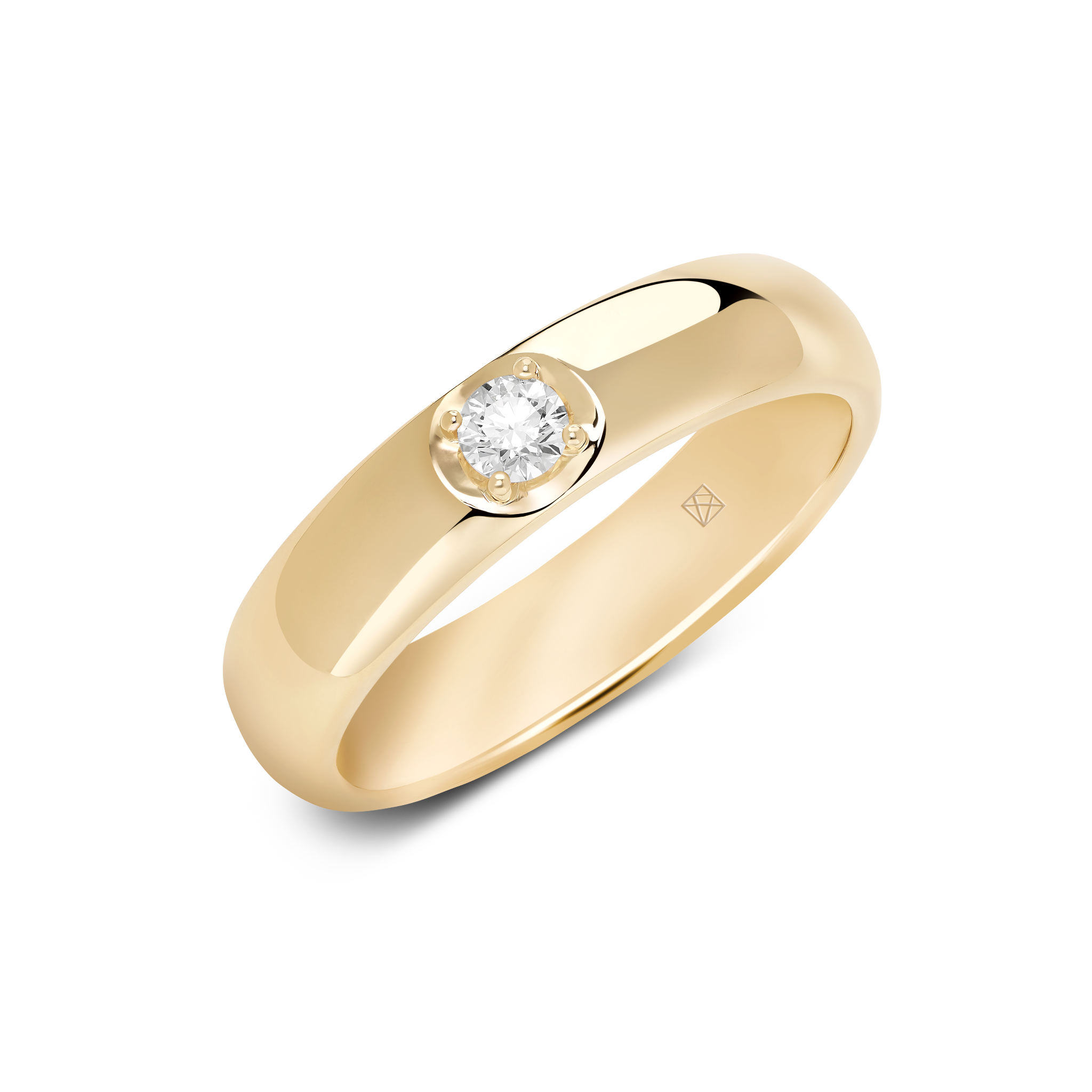 Angled view of a yellow gold 0.1 carat lab-grown round brilliant stacking ring