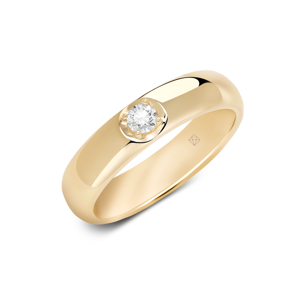 Angled view of a yellow gold 0.1 carat lab-grown round brilliant stacking ring