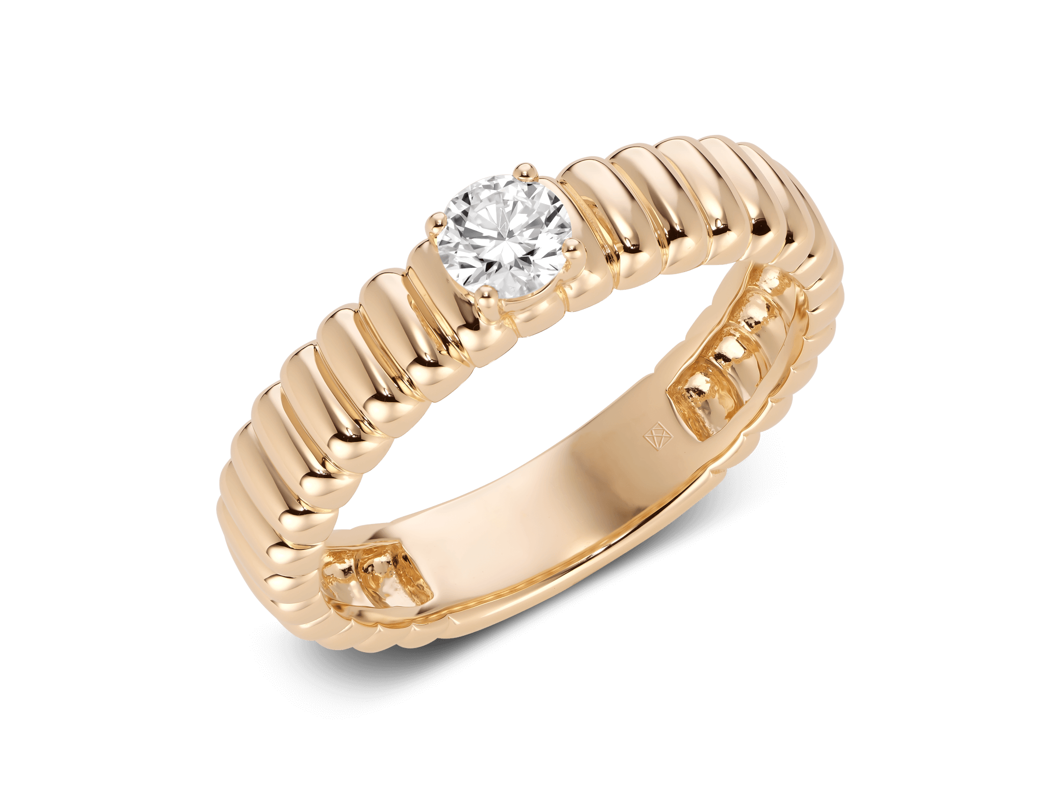 Angled view of yellow gold poet ring