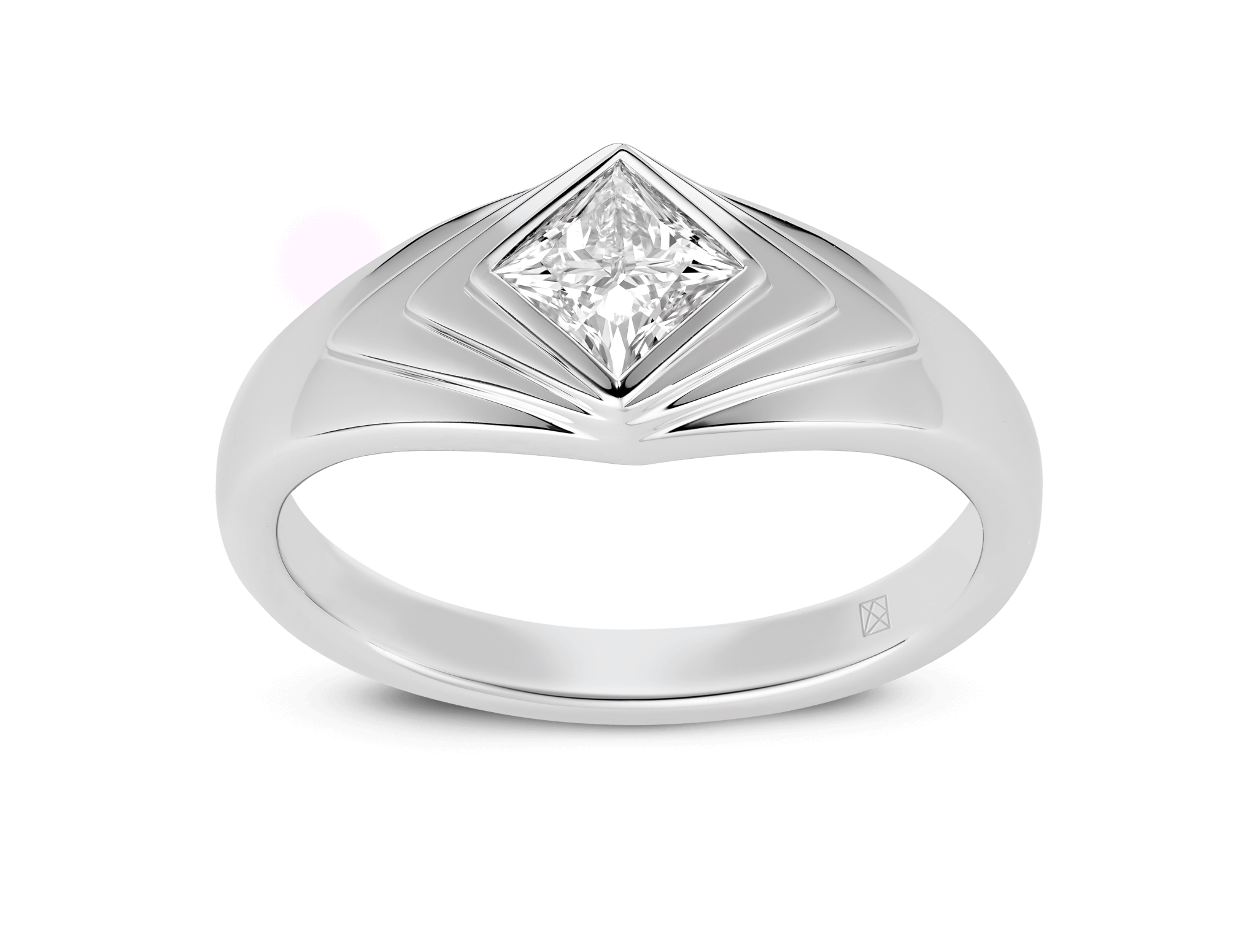 Front, angled view of white gold recollection ring