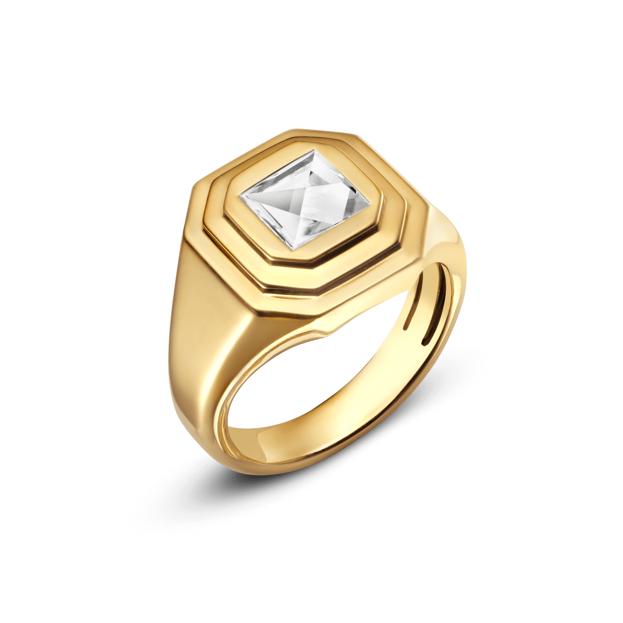 Angled view of the Lightbox Cut Collection ring in yellow gold