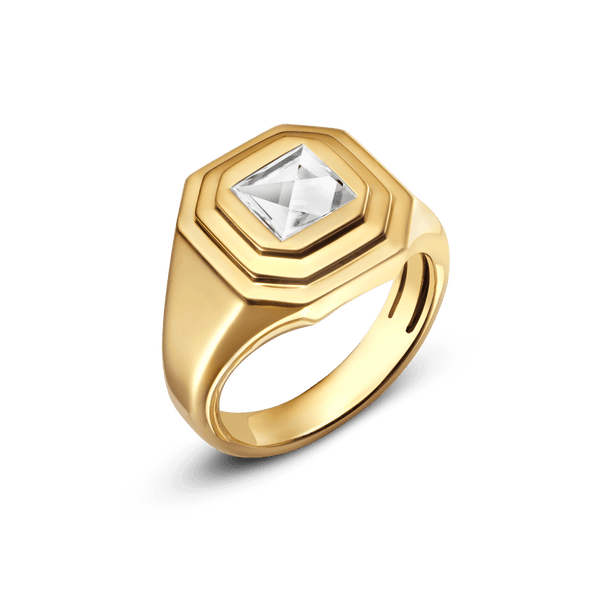 Angled view of the Lightbox Cut Collection ring in yellow gold