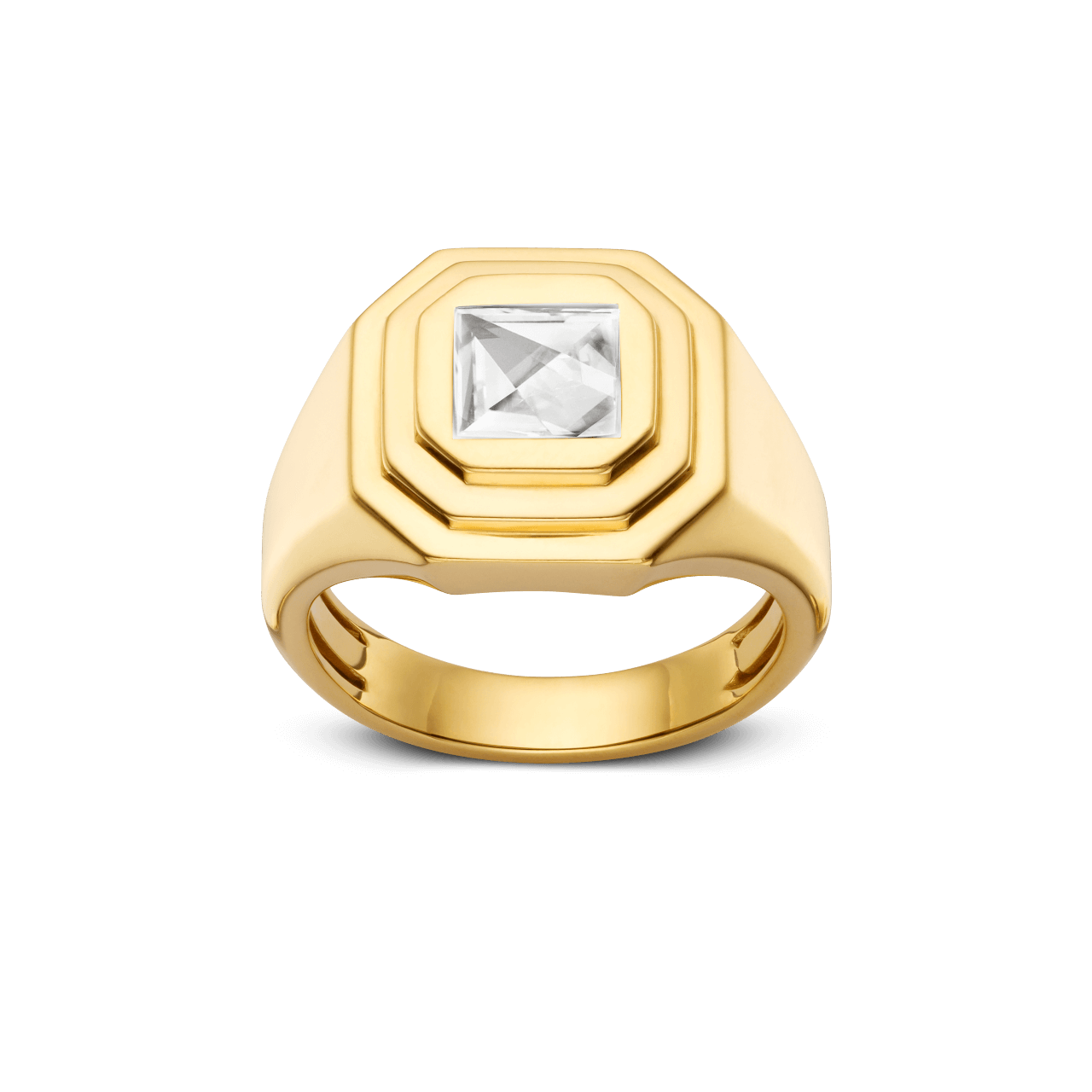 Front, angled view of the Lightbox Cut Collection ring in yellow gold