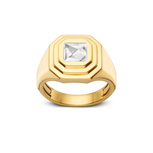 Front, angled view of the Lightbox Cut Collection ring in yellow gold