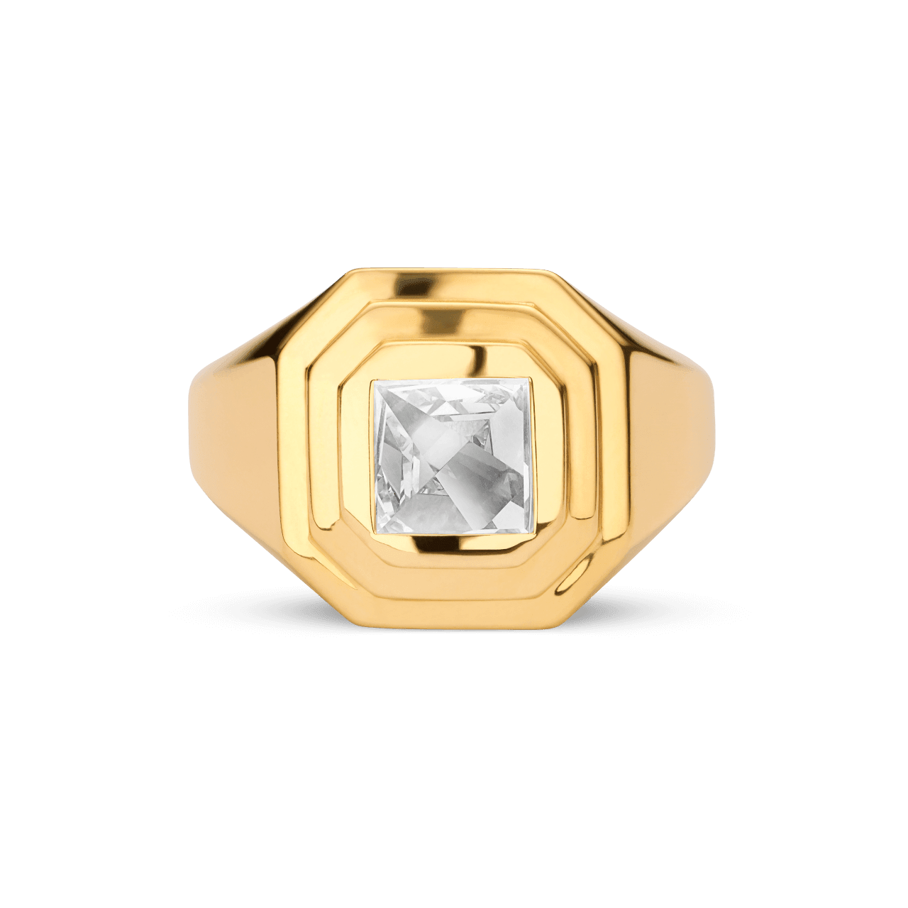 Front view of the Lightbox Cut Collection ring in yellow gold