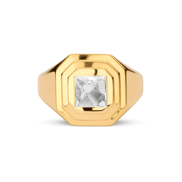 Front view of the Lightbox Cut Collection ring in yellow gold