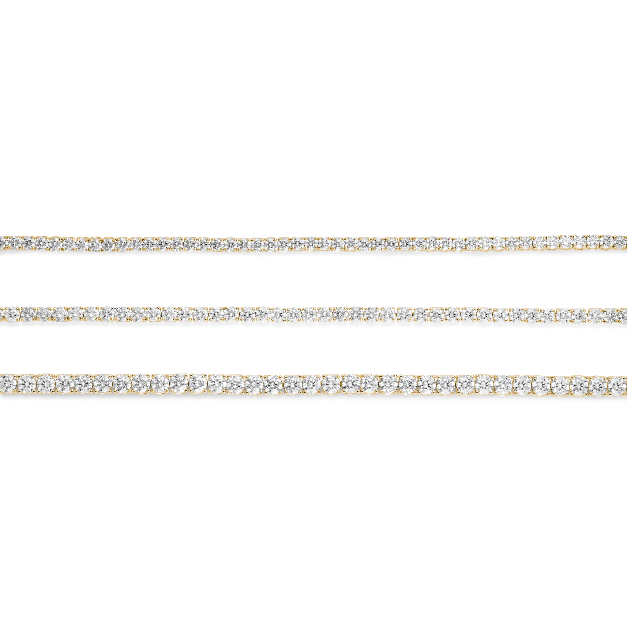 Group shot of yellow gold tennis bracelets to show comparison of small, medium and large diamond size