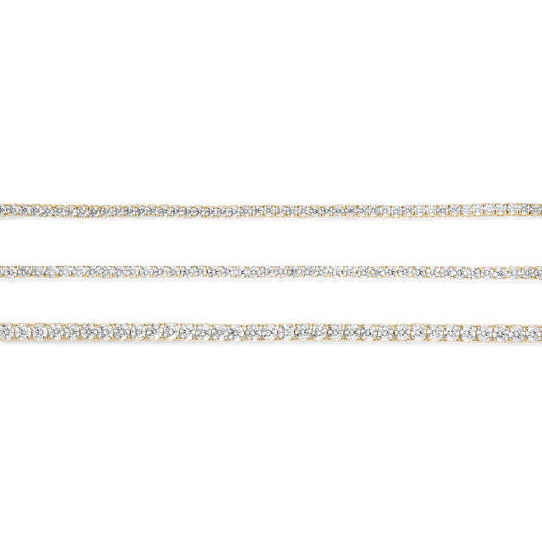 Group shot of yellow gold tennis bracelets to show comparison of small, medium and large diamond size