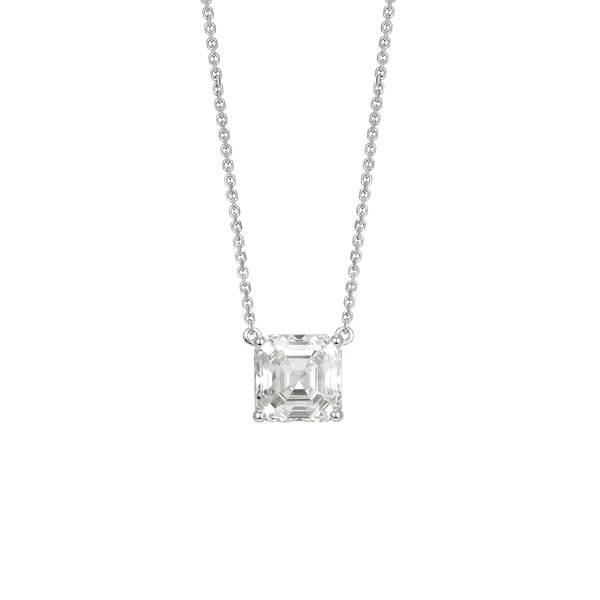 Front view of Asscher cut pendant in white gold