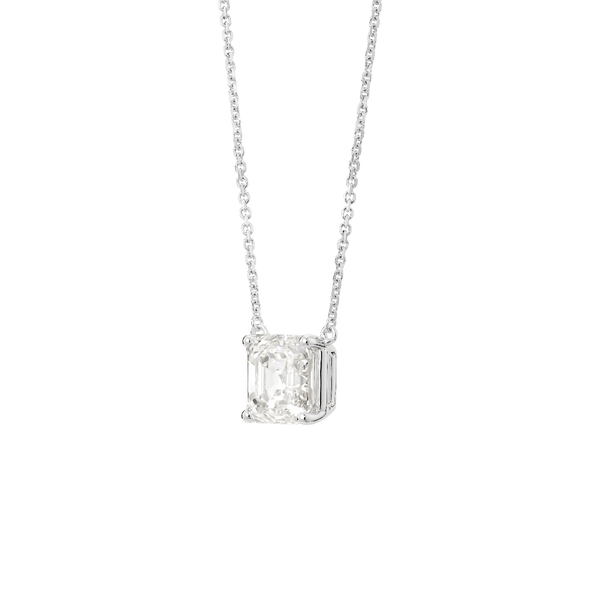 Side view of Asscher cut pendant in white gold