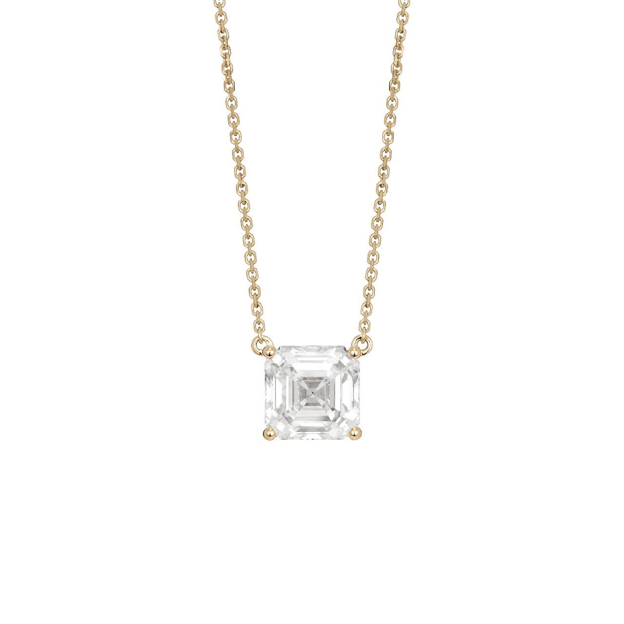 Front view of Asscher cut pendant in yellow gold