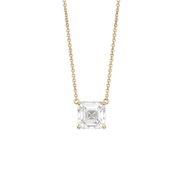 Front view of Asscher cut pendant in yellow gold