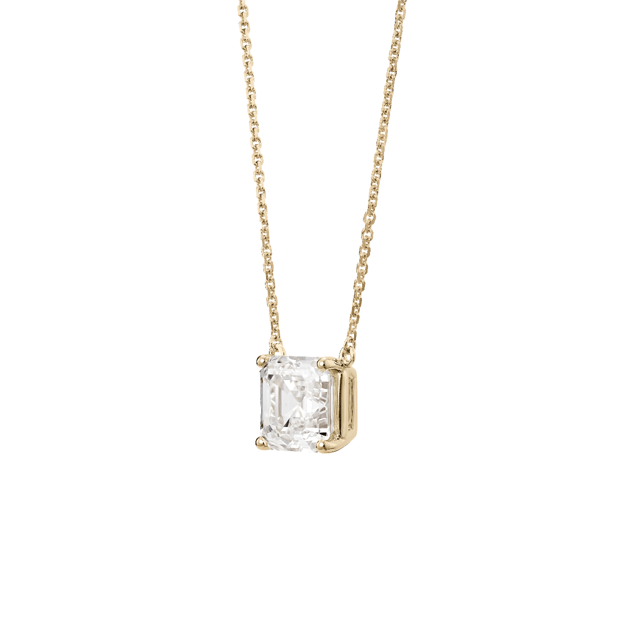 Side view of Asscher cut pendant in yellow gold