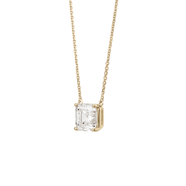 Side view of Asscher cut pendant in yellow gold