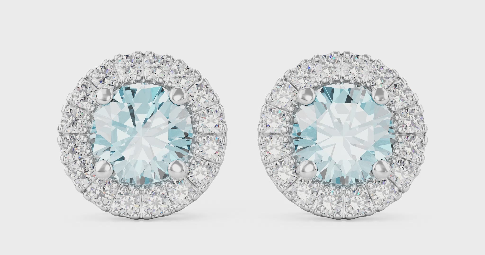 2 carat total weight blue round brilliant halo diamond studs in 14k white gold 360 video