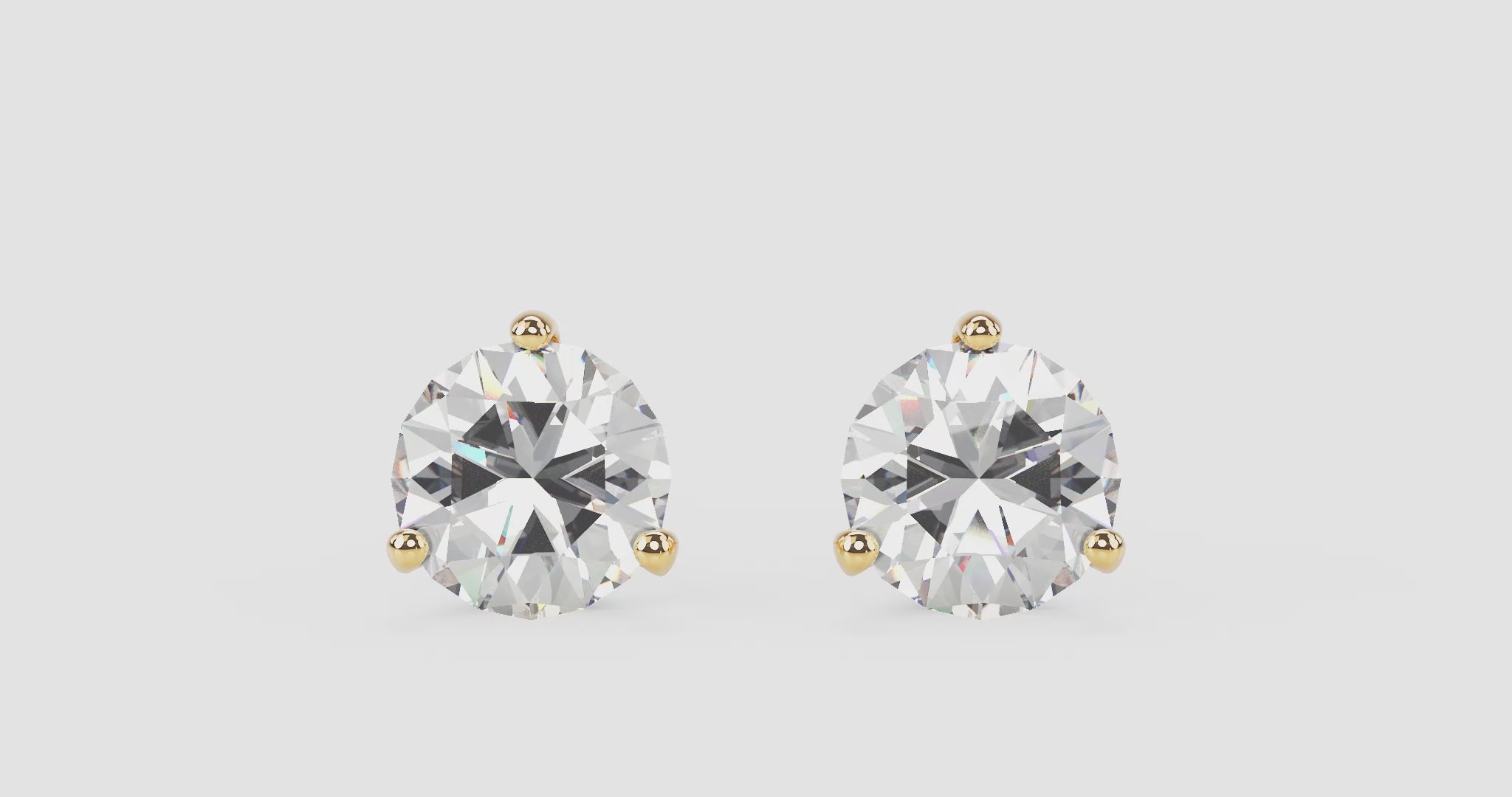 3 carat total weight white round brilliant solitaire diamond studs in 14k yellow gold 360 video